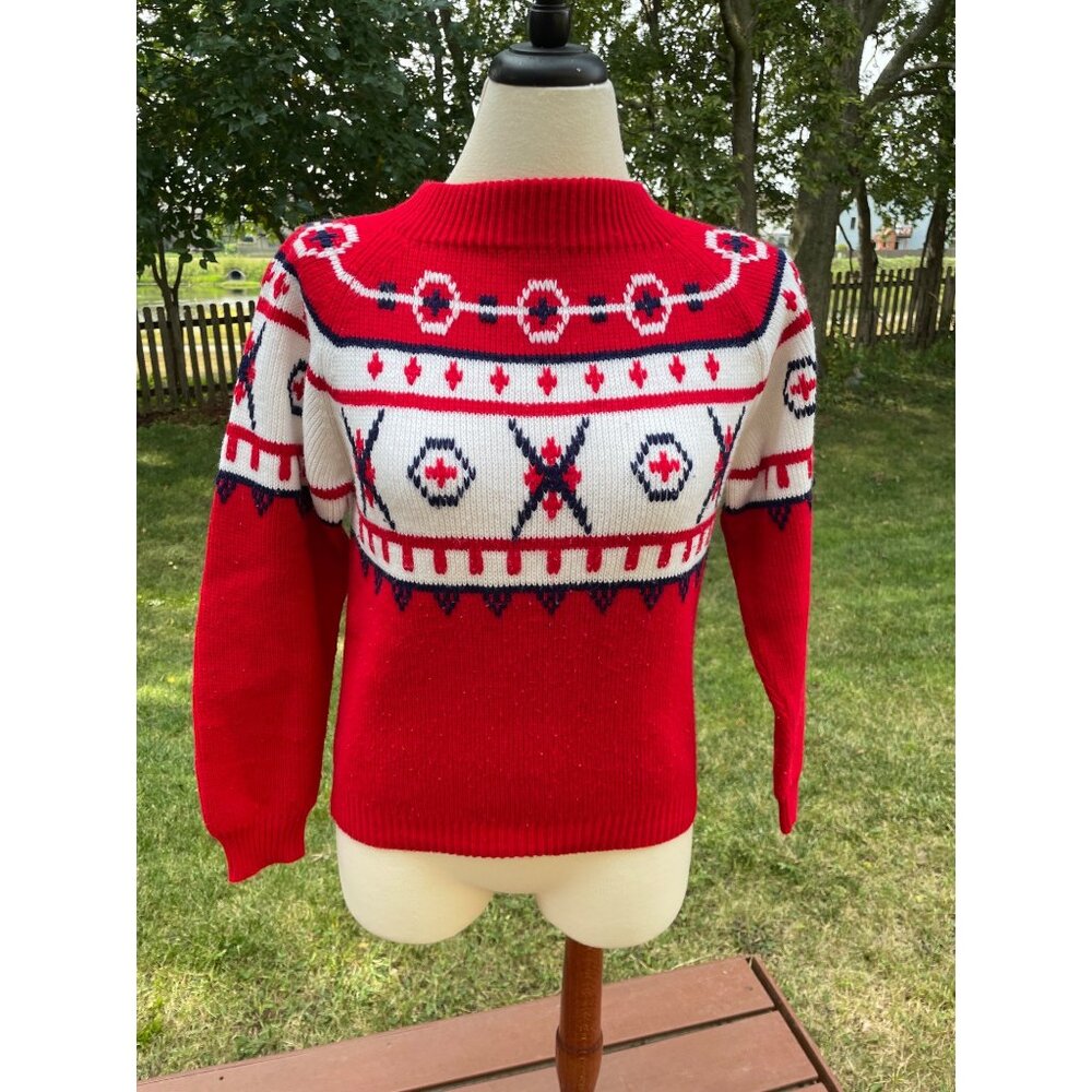Vintage Fashion Sportswear Red Nordic Women Sweater S Acrylic Knit
